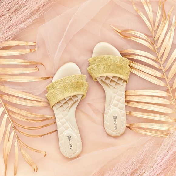 Birdies Gold Fringe Slide Sandals - Picture 1 of 8
